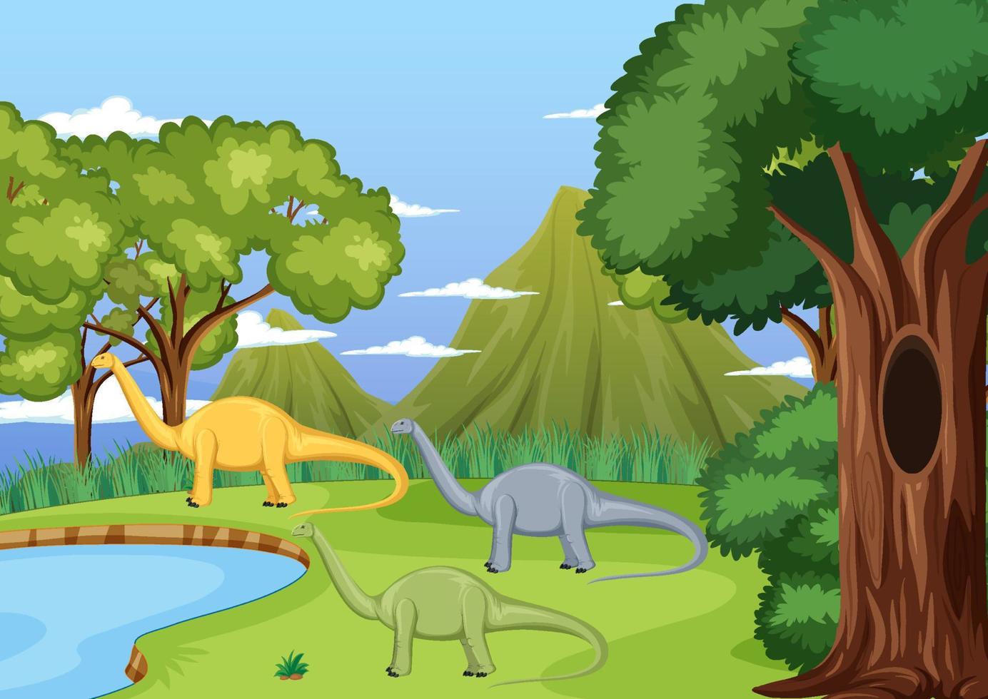 escena con dinosaurios en el bosque vector