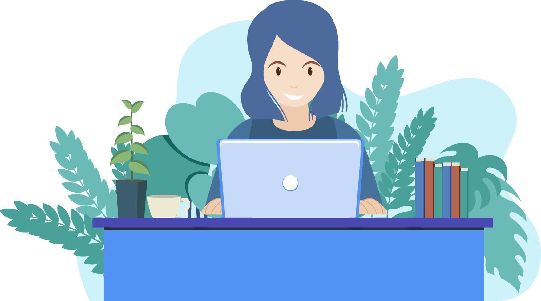 Woman working on laptop on the table vector
