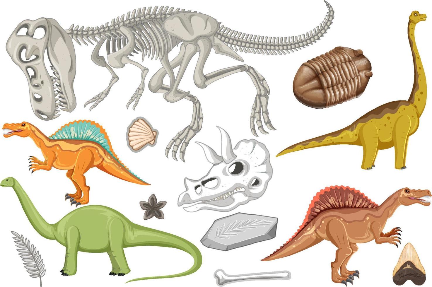 un conjunto de dinosaurios y fósiles vector