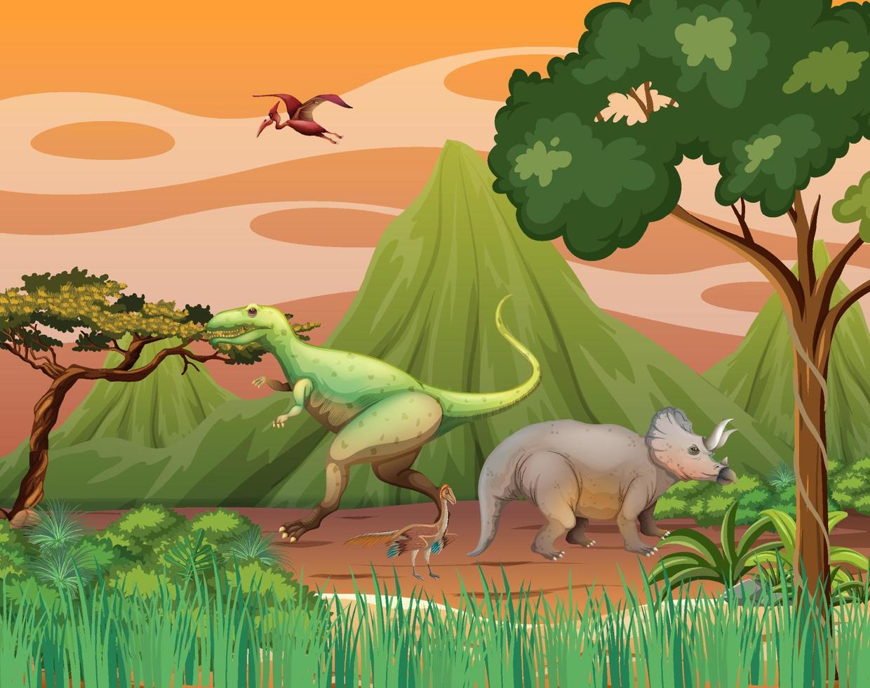 escena con dinosaurios en el bosque vector