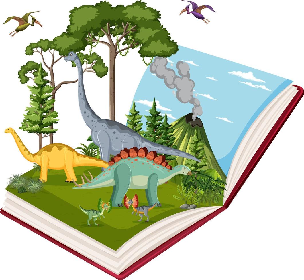 libro con escena de dinosaurios en el bosque vector