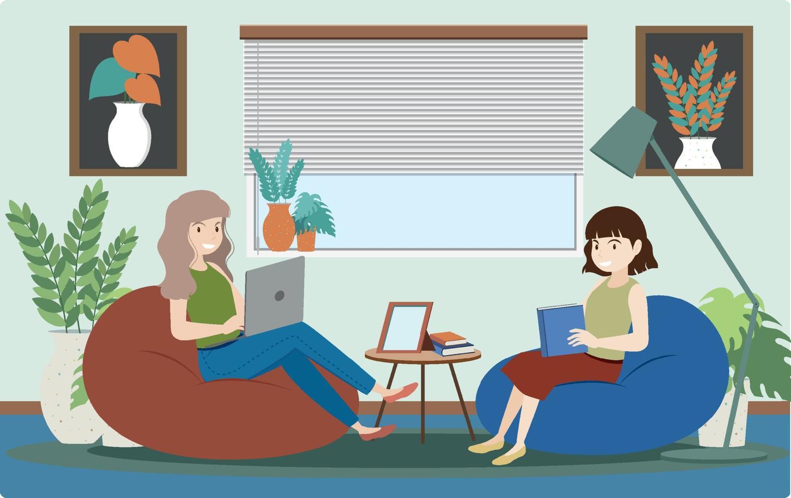 People working using laptop flat design at home vector