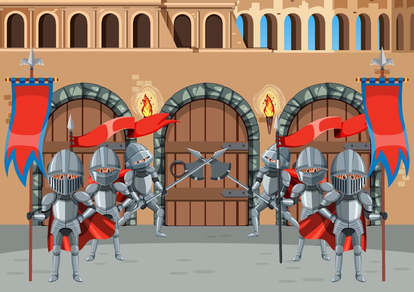 Middle ages with medieval knights in cartoon style vector