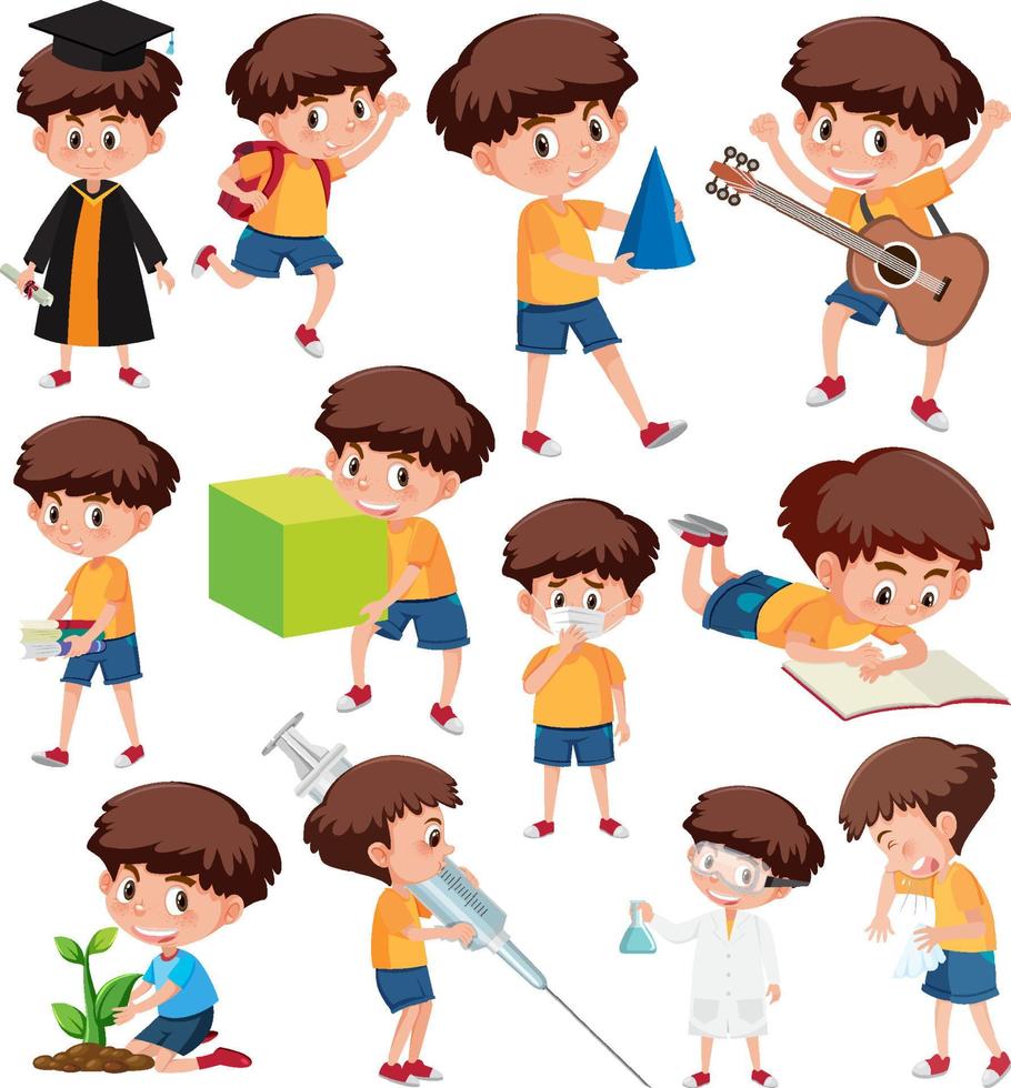 Set of boys doing activitys on white  background vector