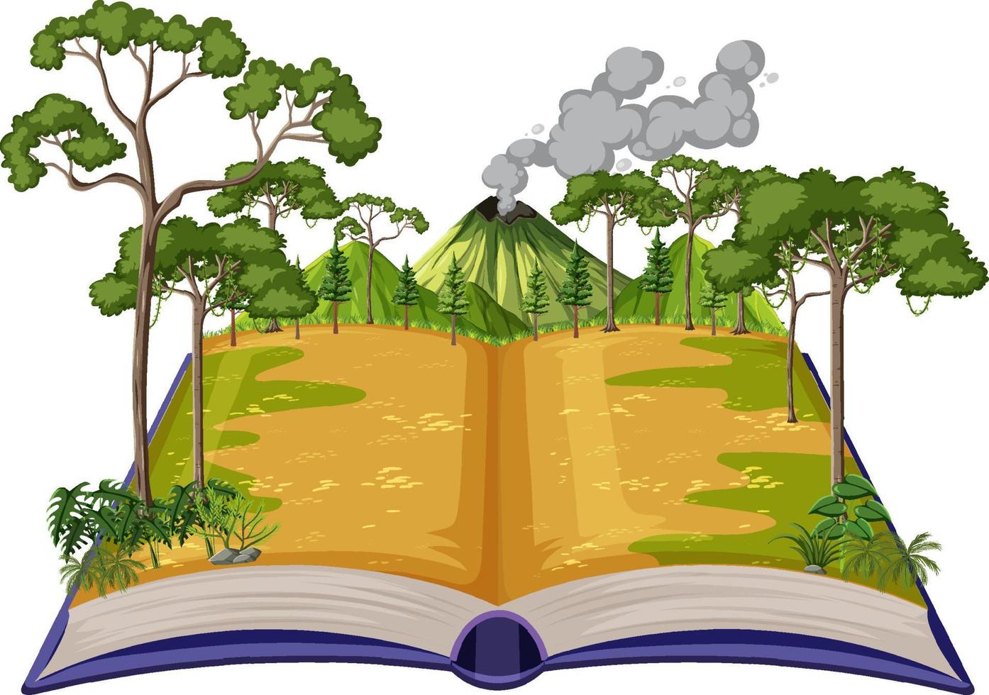 Book with scene of volcano in forest vector