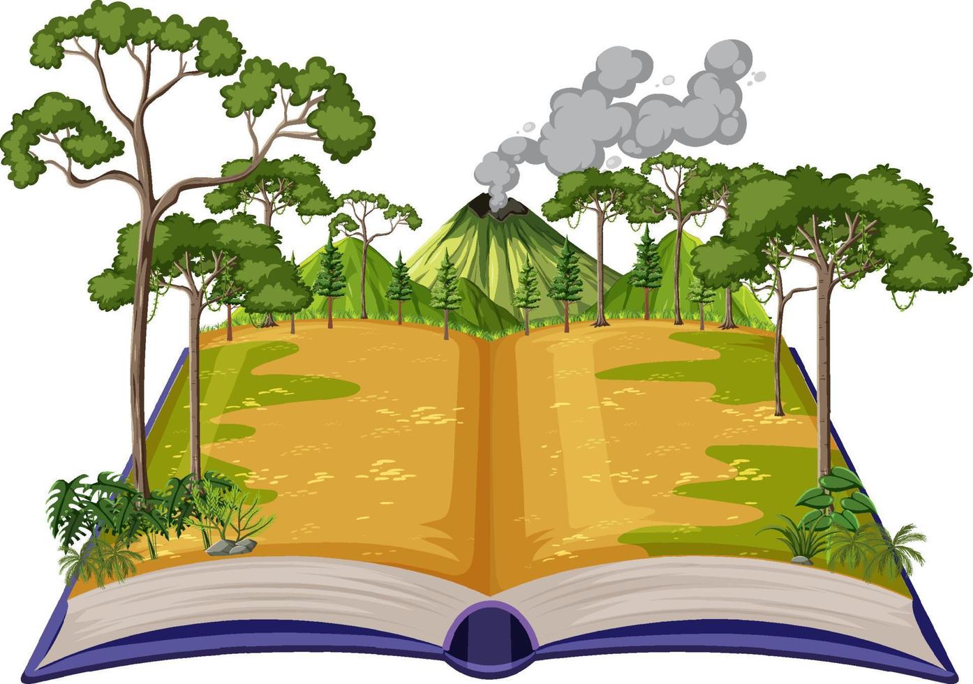 libro con escena de volcán en el bosque vector