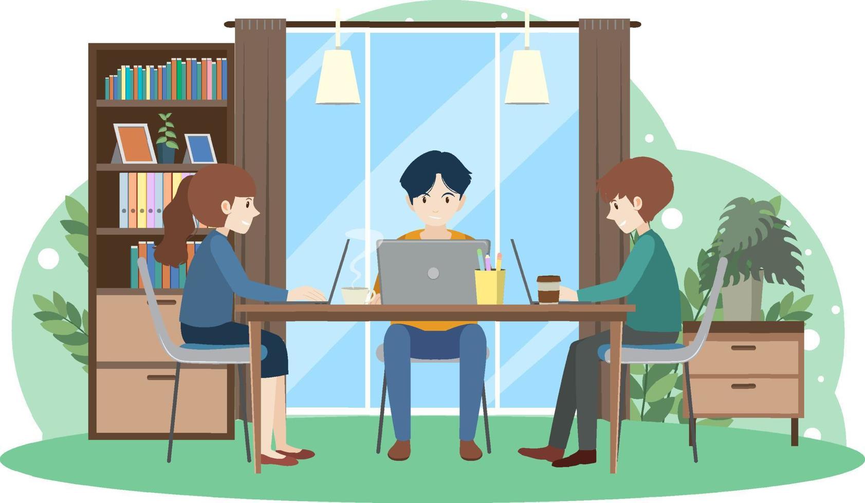 People working on laptop at home vector