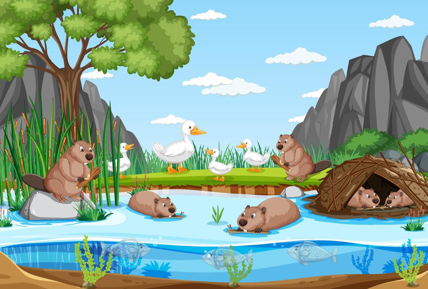 River in the forest with wild animals vector