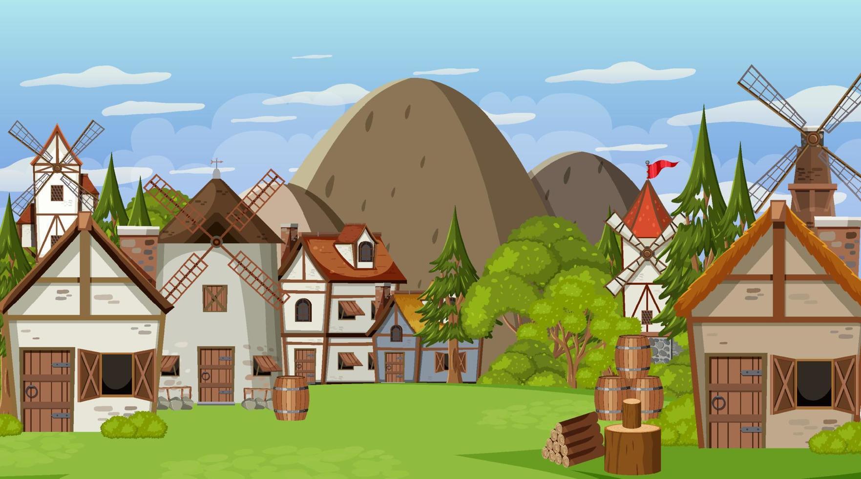 Medieval town scene background vector