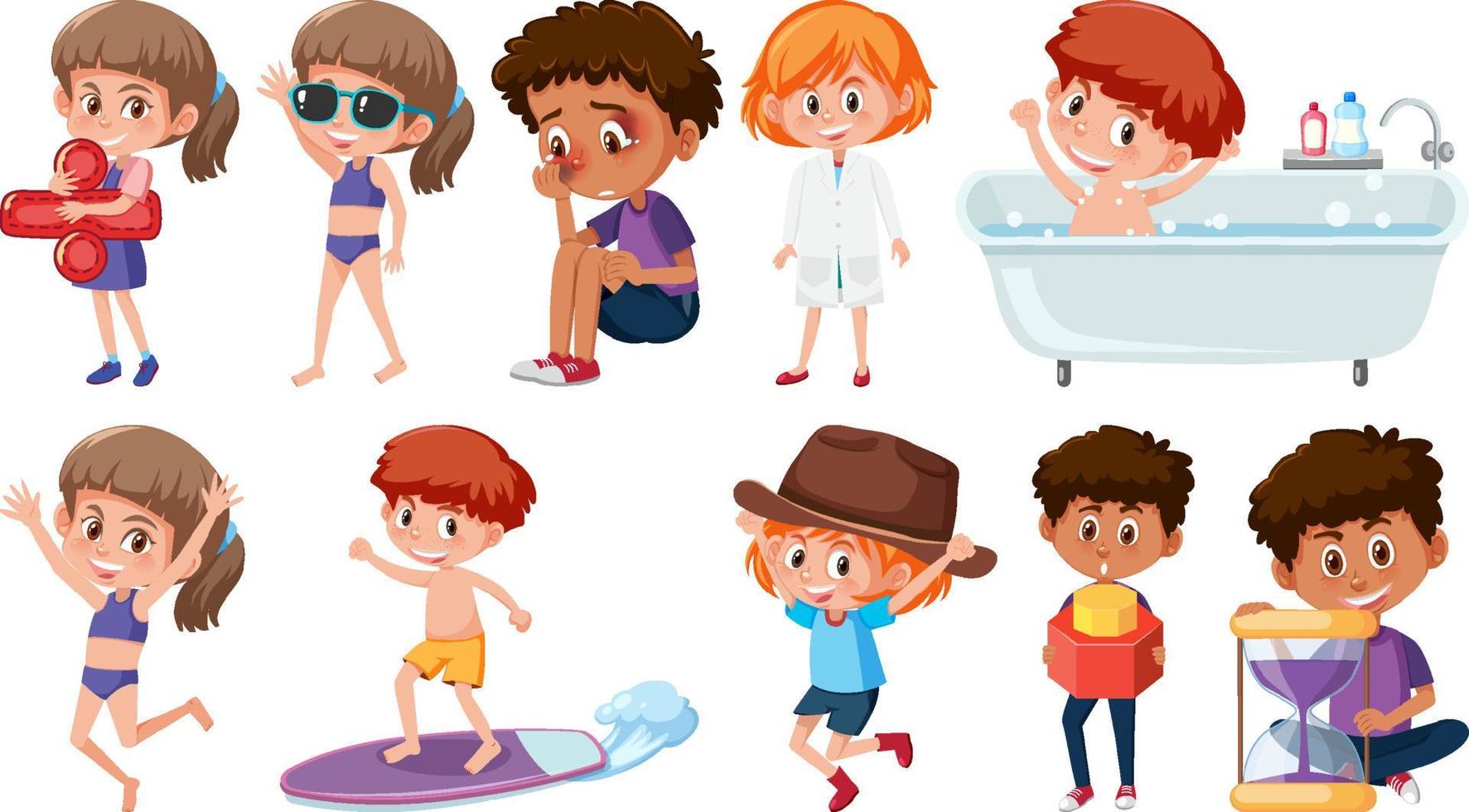 Set of children doing different activities on white background vector