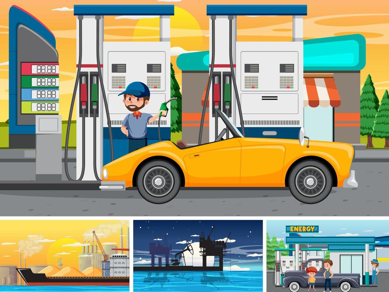 Set of oil petrol and gas relevant scene vector