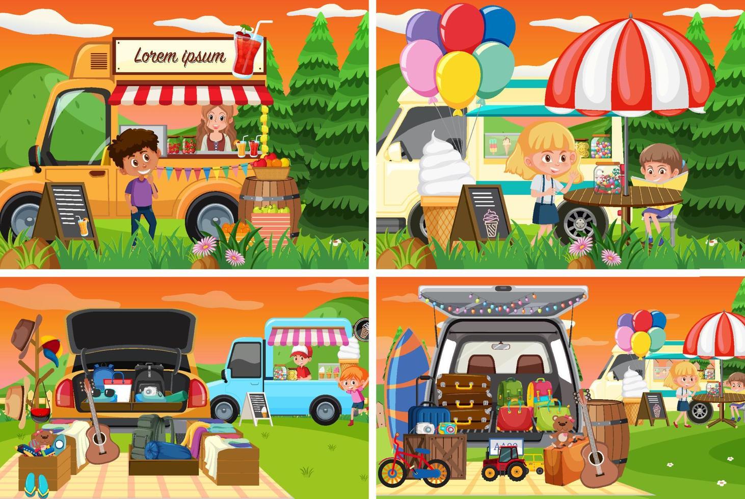 Flea market scene in cartoon style vector