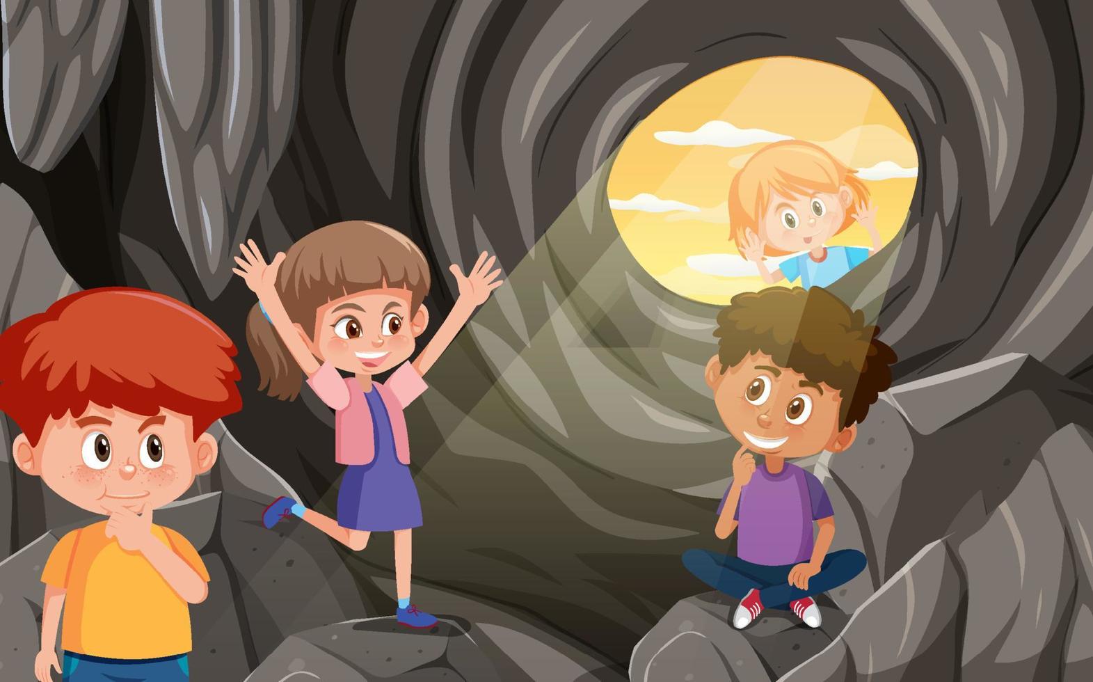 In cave scene with children exploring cartoon character vector