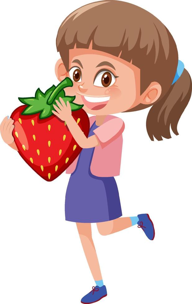 una niña sosteniendo fruta sobre fondo blanco vector