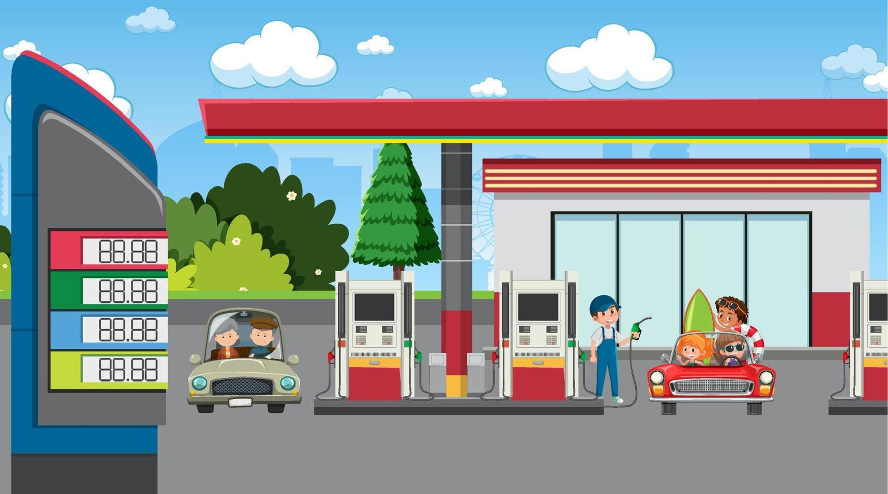 Gas station cartoon scene vector