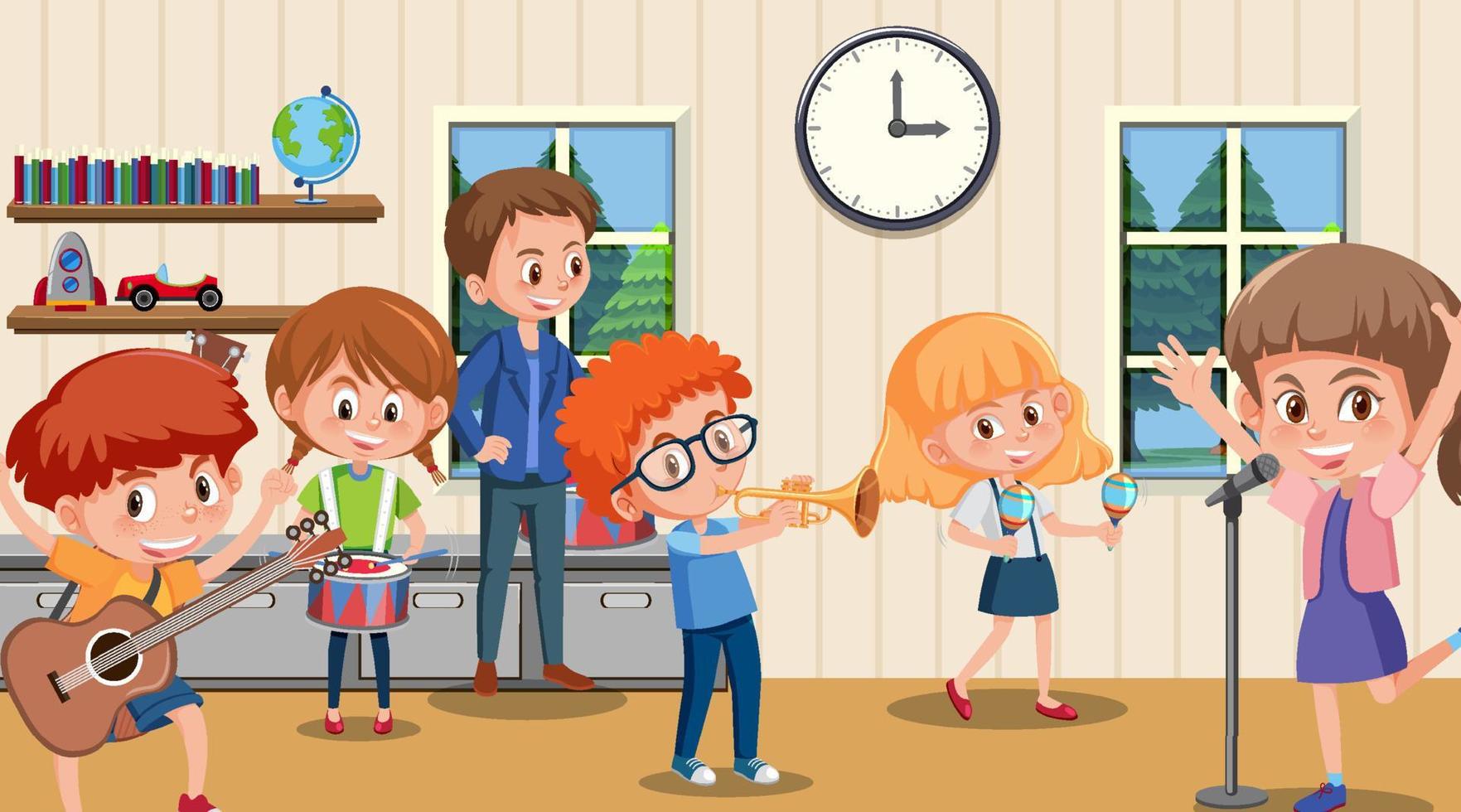 School music classroom with student kids vector