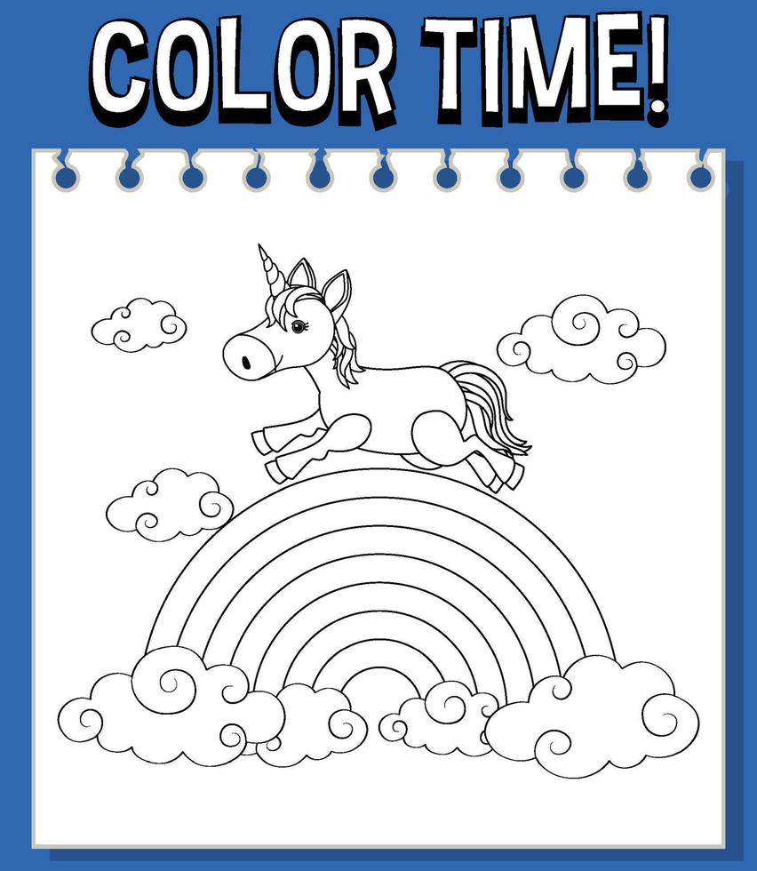 plantilla de hojas de trabajo con texto de tiempo de color y arco iris con contorno de unicornio vector