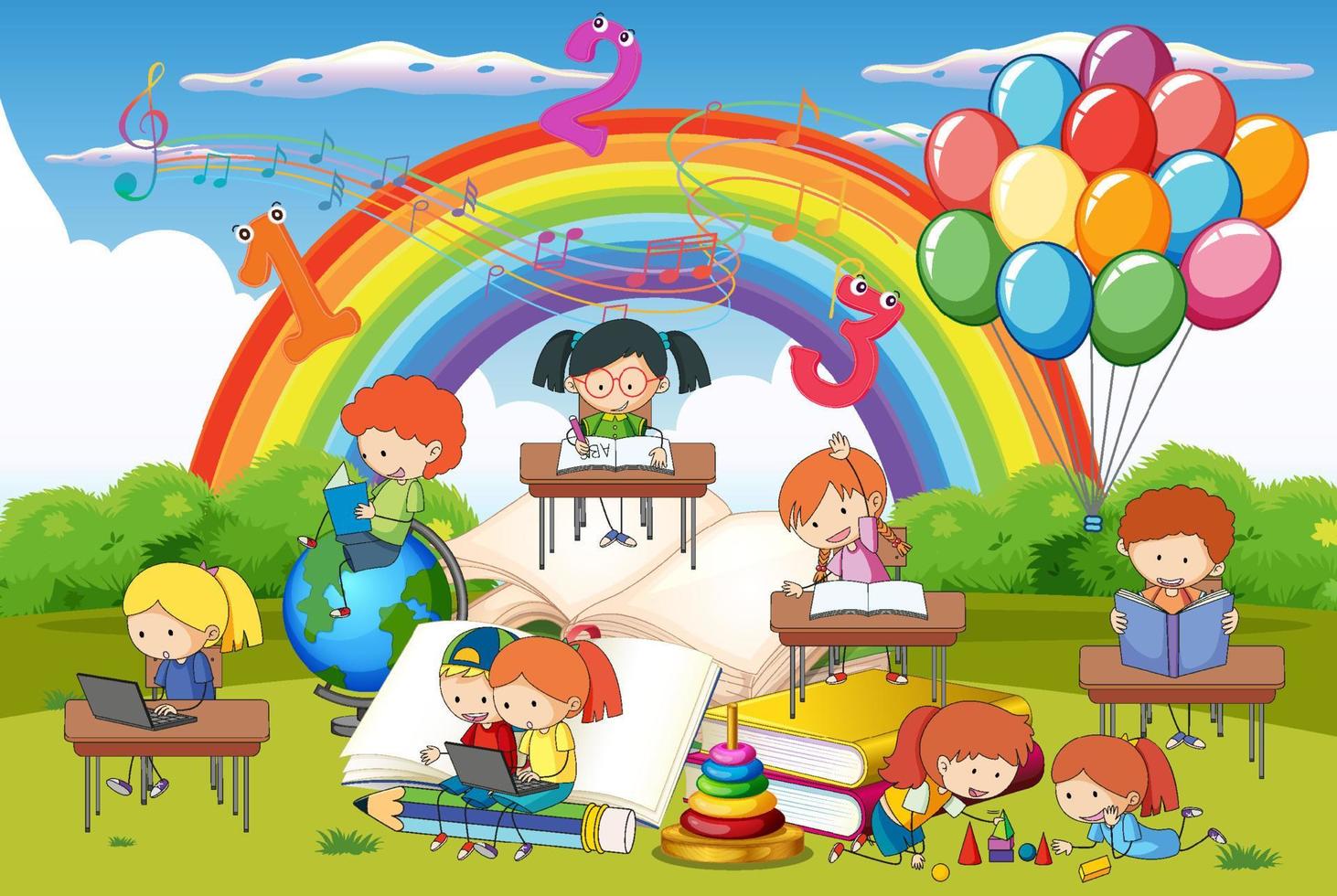 A children are reading books on a stack of books in garden scene vector