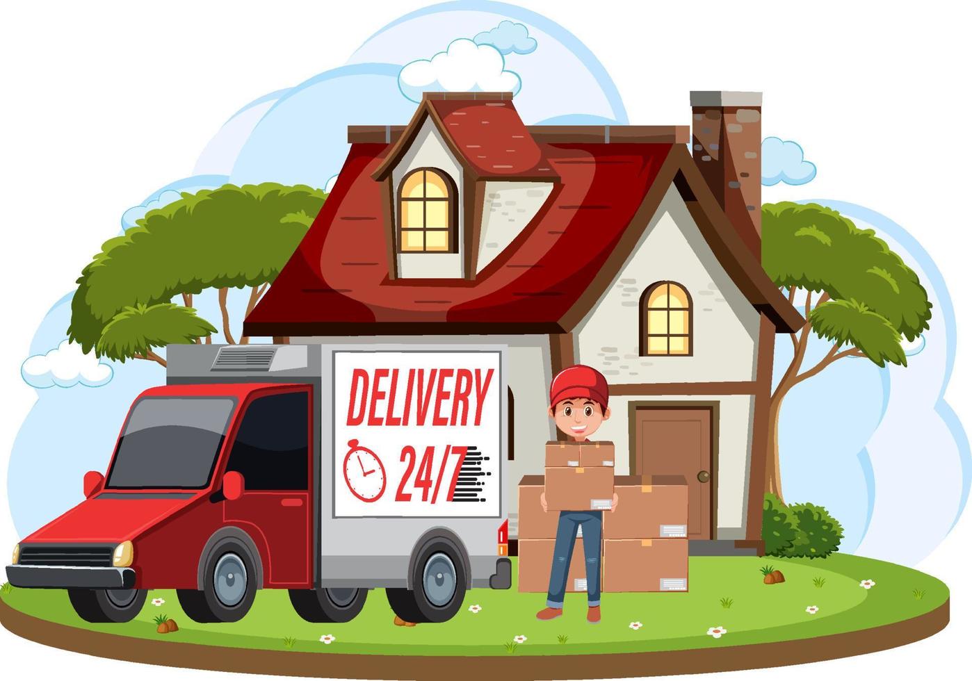 Courier delivering packages in front of a house vector