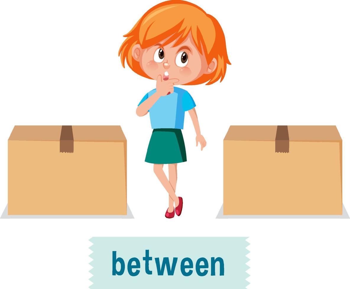 Preposition of place with cartoon girl and a box vector