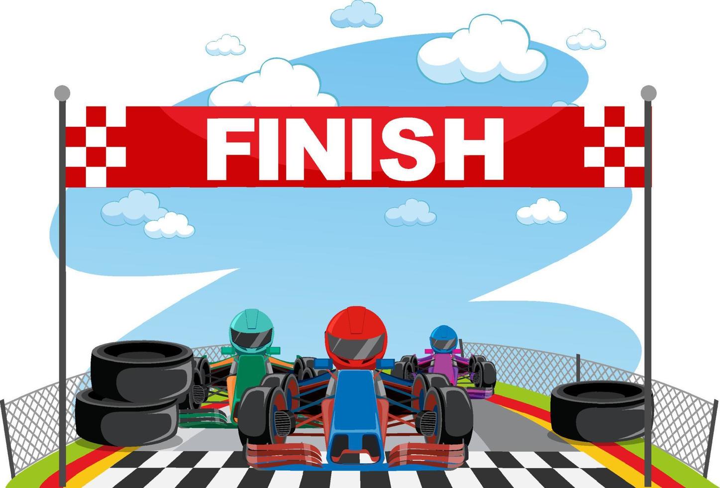 Cartoon racing car reach the finish line vector