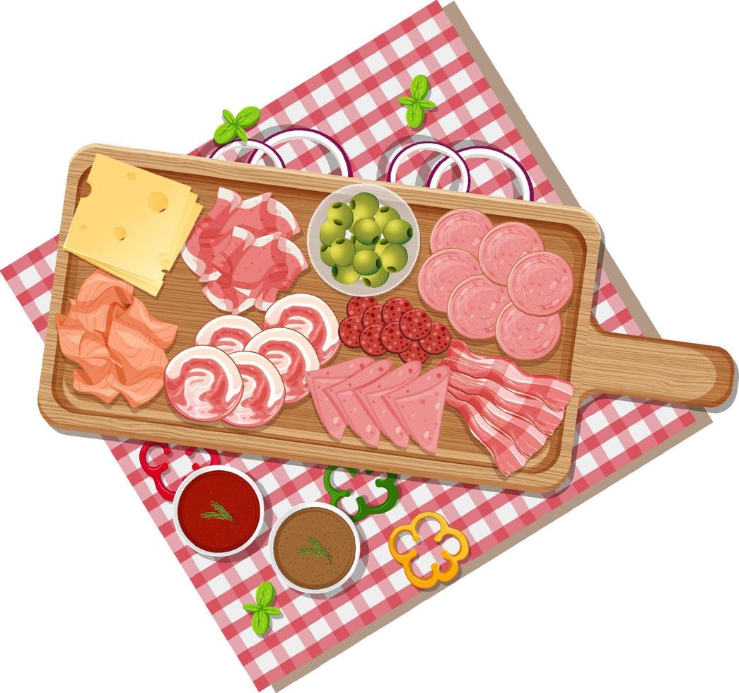 Top view of lunch meat on a wooden tray vector