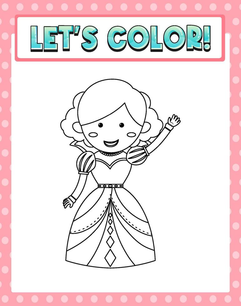 Worksheets template with lets color text and princess outline vector