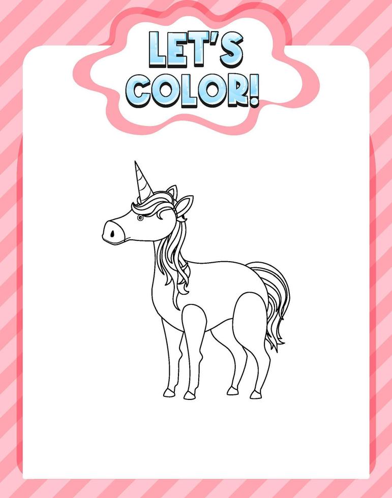 Worksheets template with color time text and Unicorn outline vector