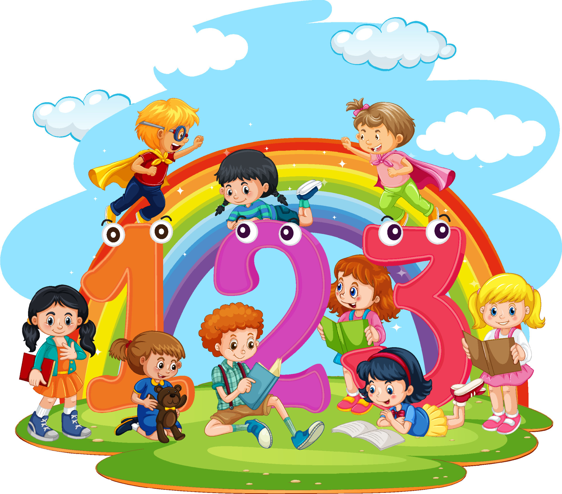 A children are playing and reading books in scene with Number on white