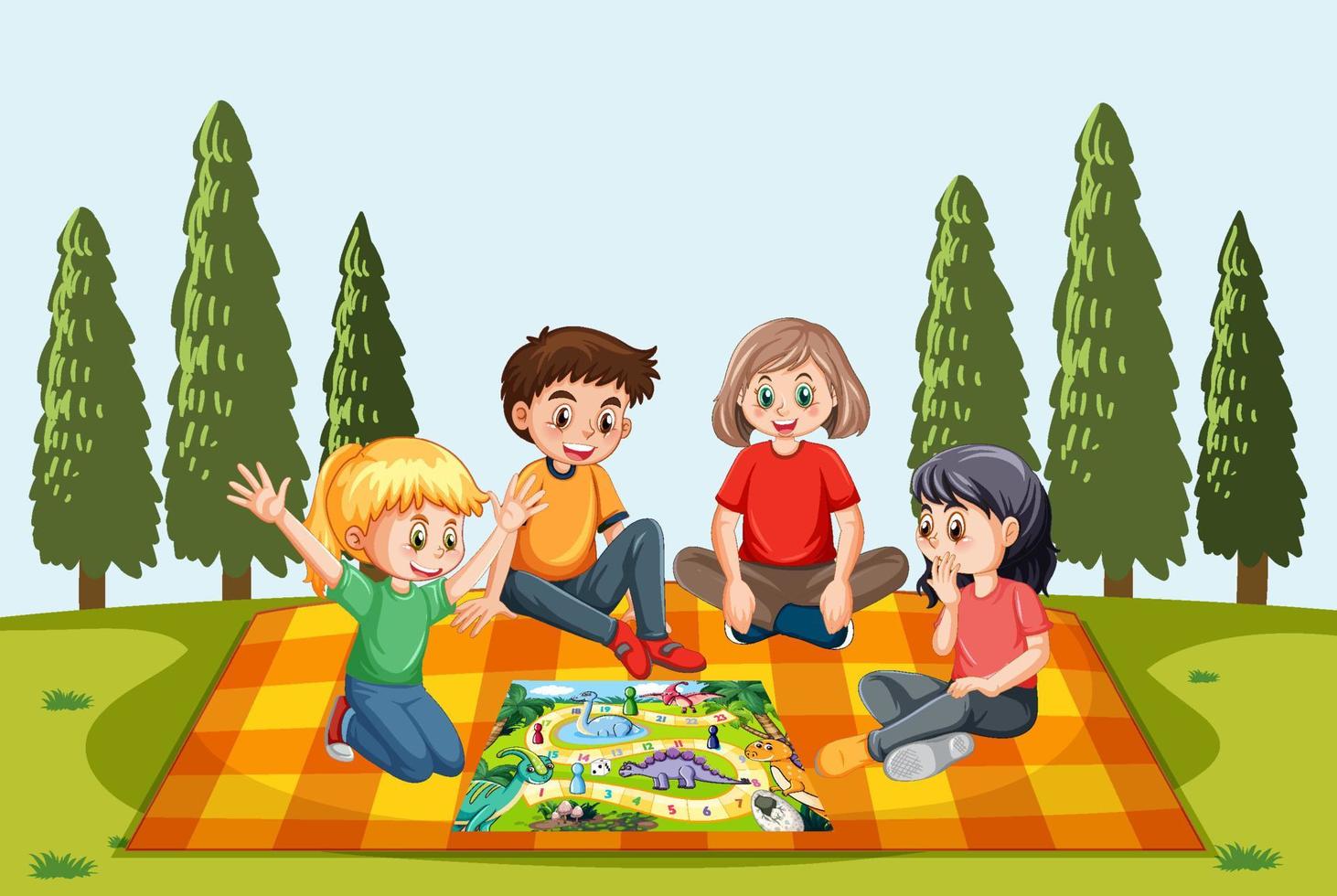 un paisaje de escena natural con niños jugando juegos de mesa vector