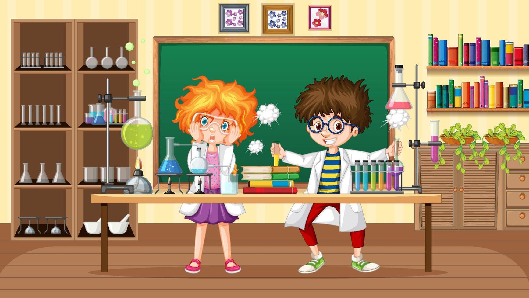 Laboratory scene with scientist children cartoon character vector