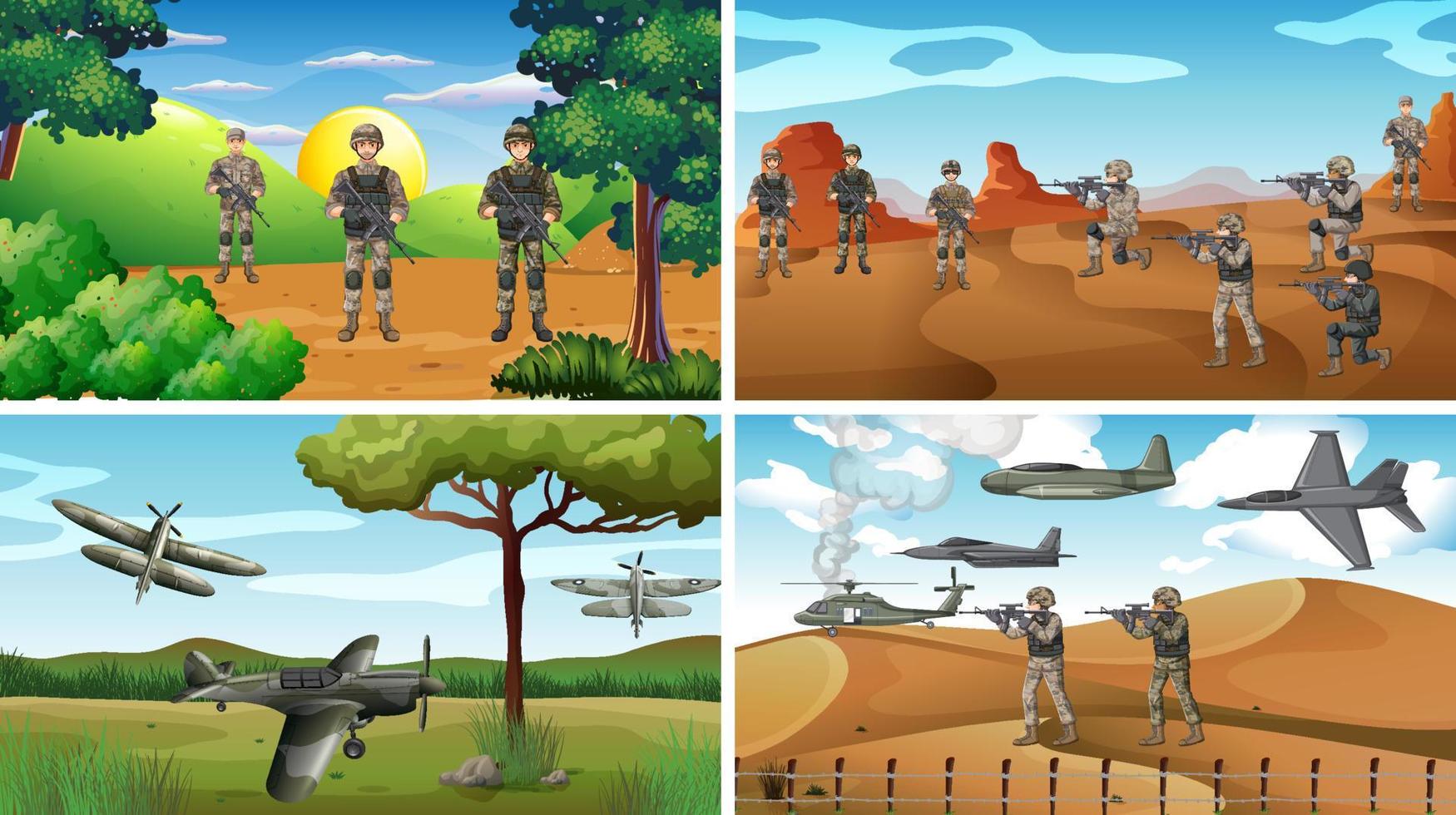 Set of different army war scenes vector