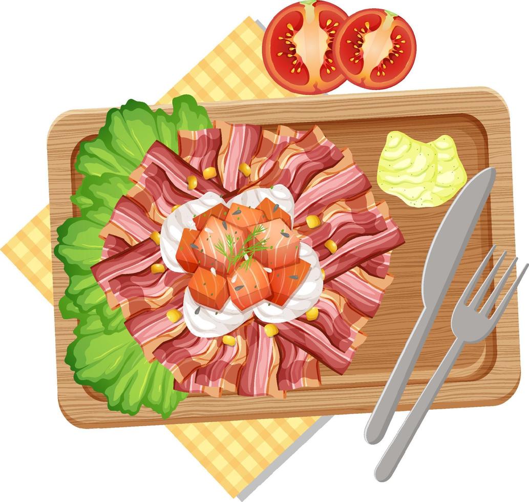 Top view of breakfast on wooden tray vector