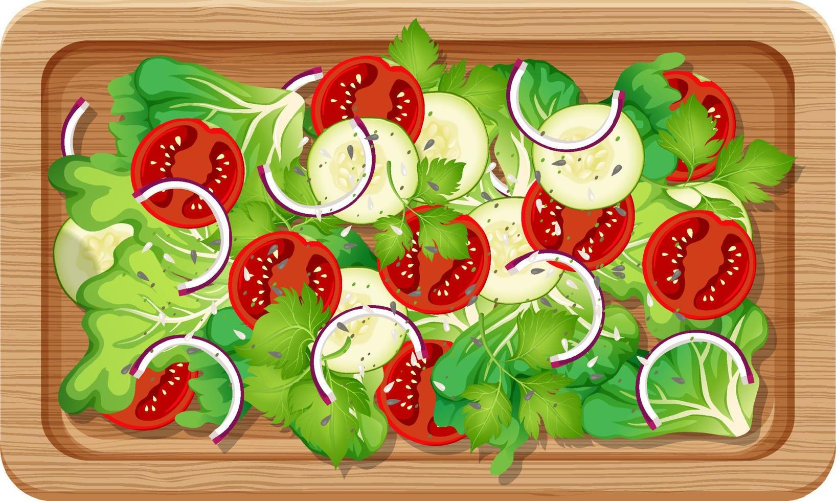 Top view of salad on a wooden tray vector