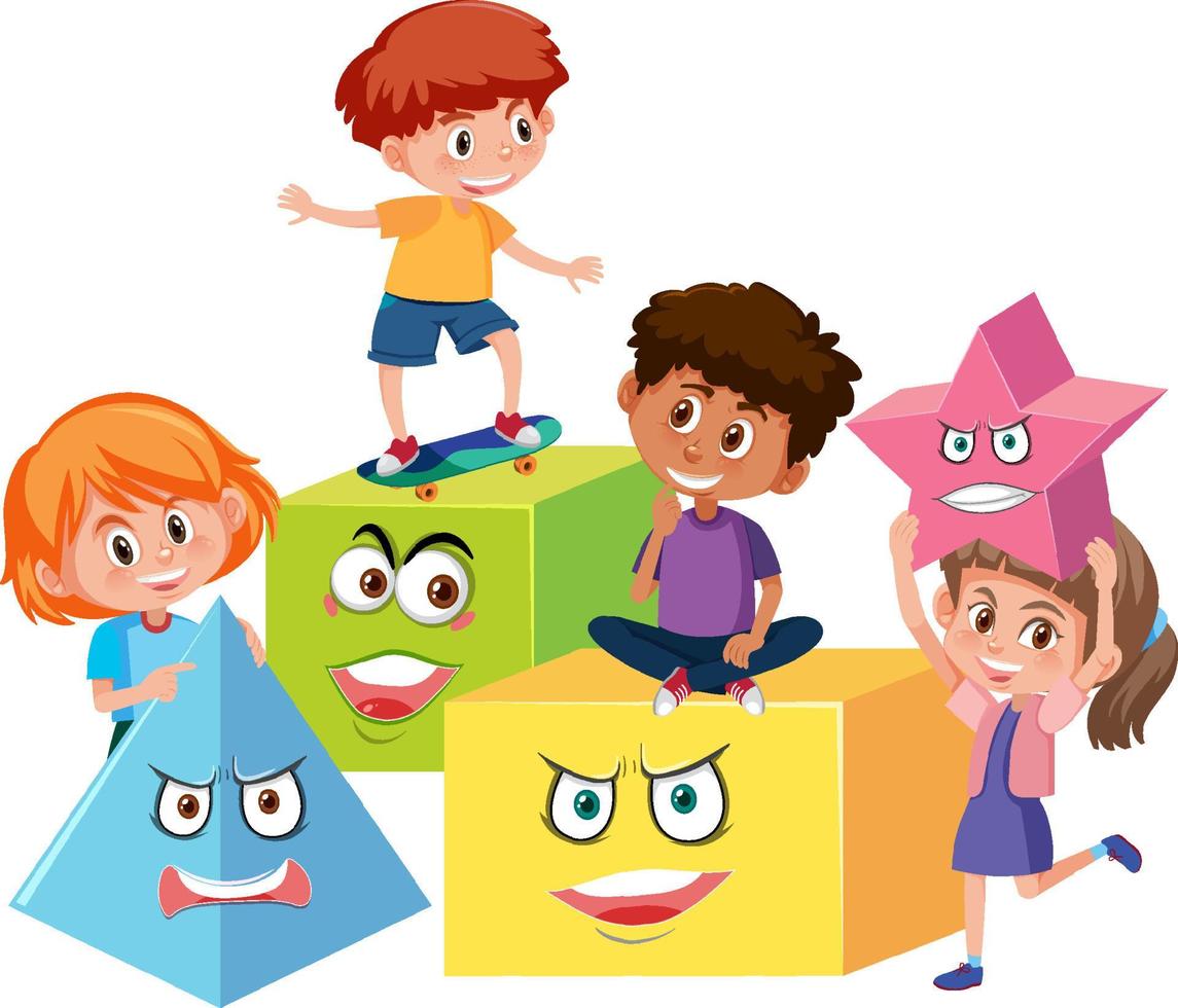 Children character holding geometry shapes vector