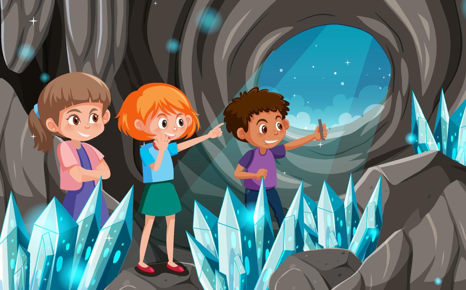 Crystal cave scene with explorer kids vector