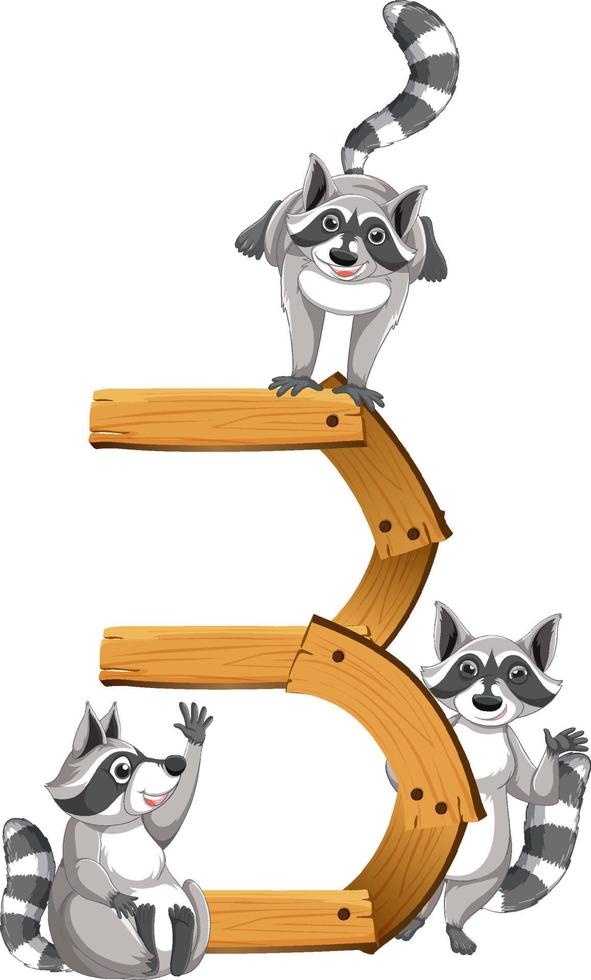 Three raccoons attached to number three vector