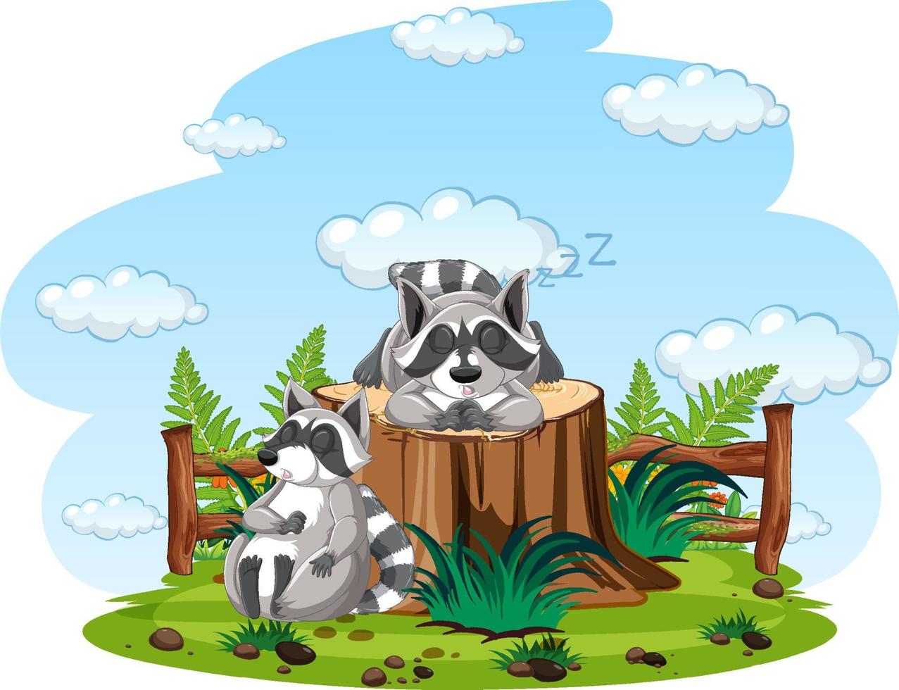 Scene with two raccoon sleeping in park vector