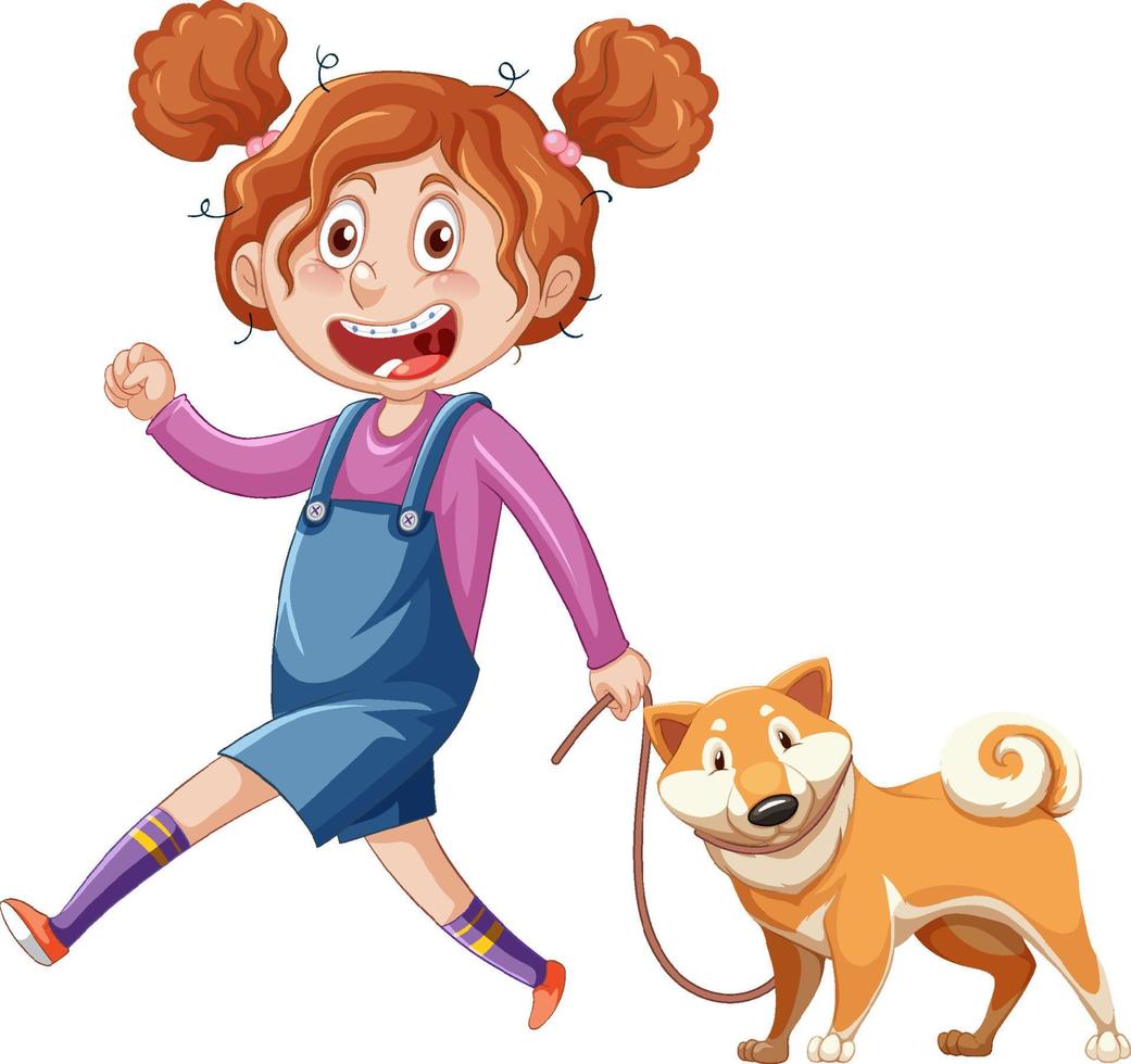 niña adolescente caminando con un personaje de dibujos animados de mascotas en fondos blancos vector