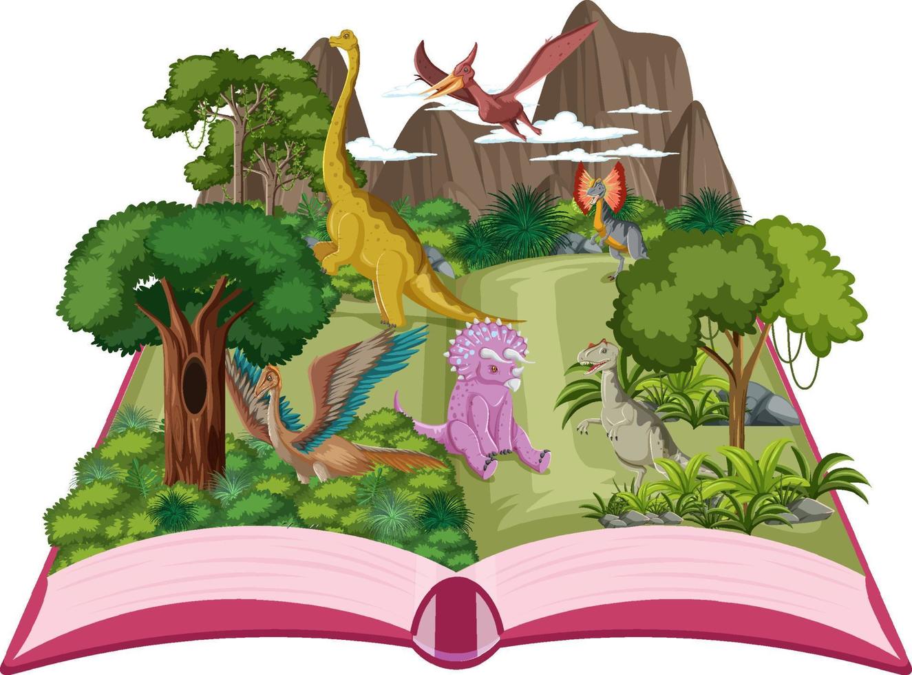 libro emergente con escena de la naturaleza al aire libre y dinosaurio vector