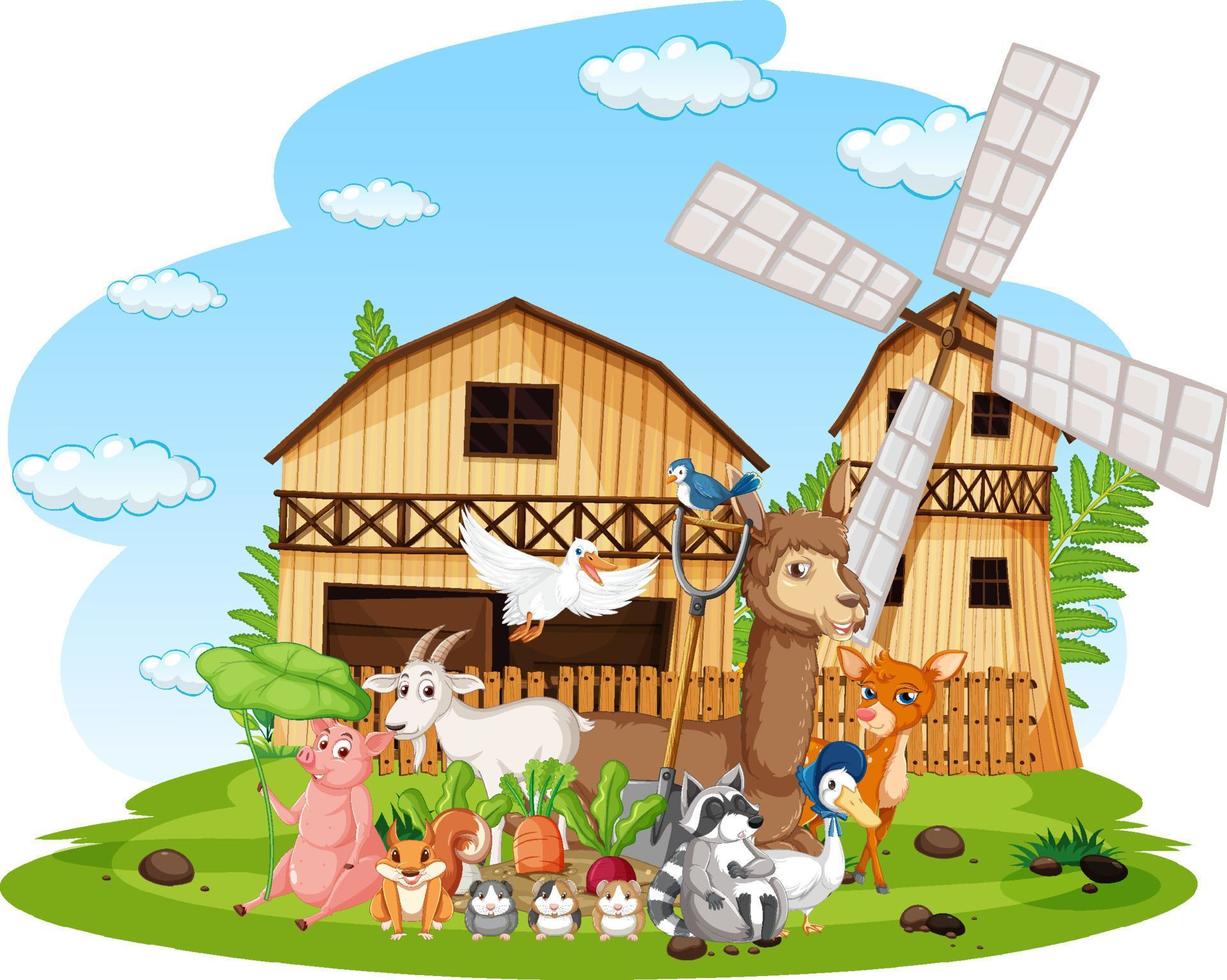 escena con animales de granja en la granja vector