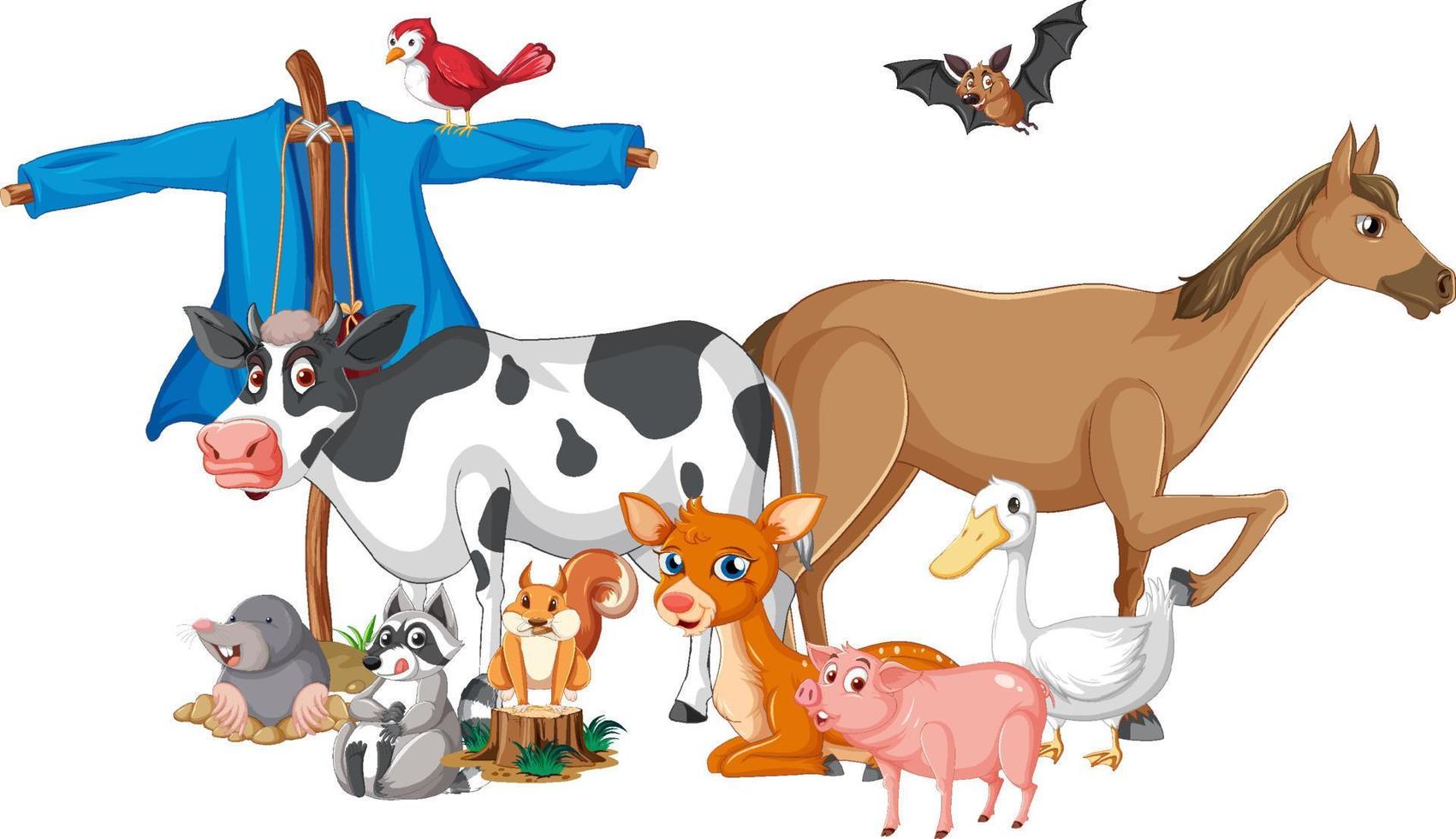 muchos animales de pie junto al espantapájaros vector