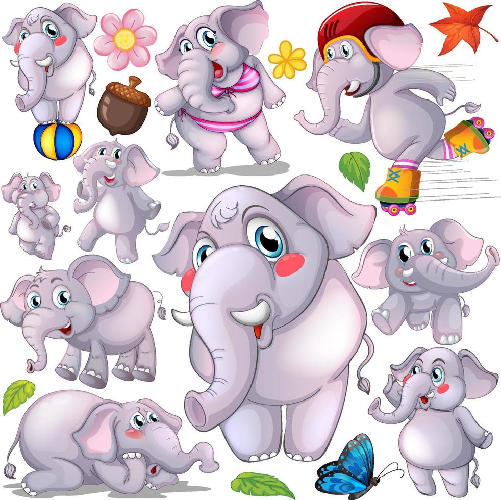 Gray elephant doing different actions vector
