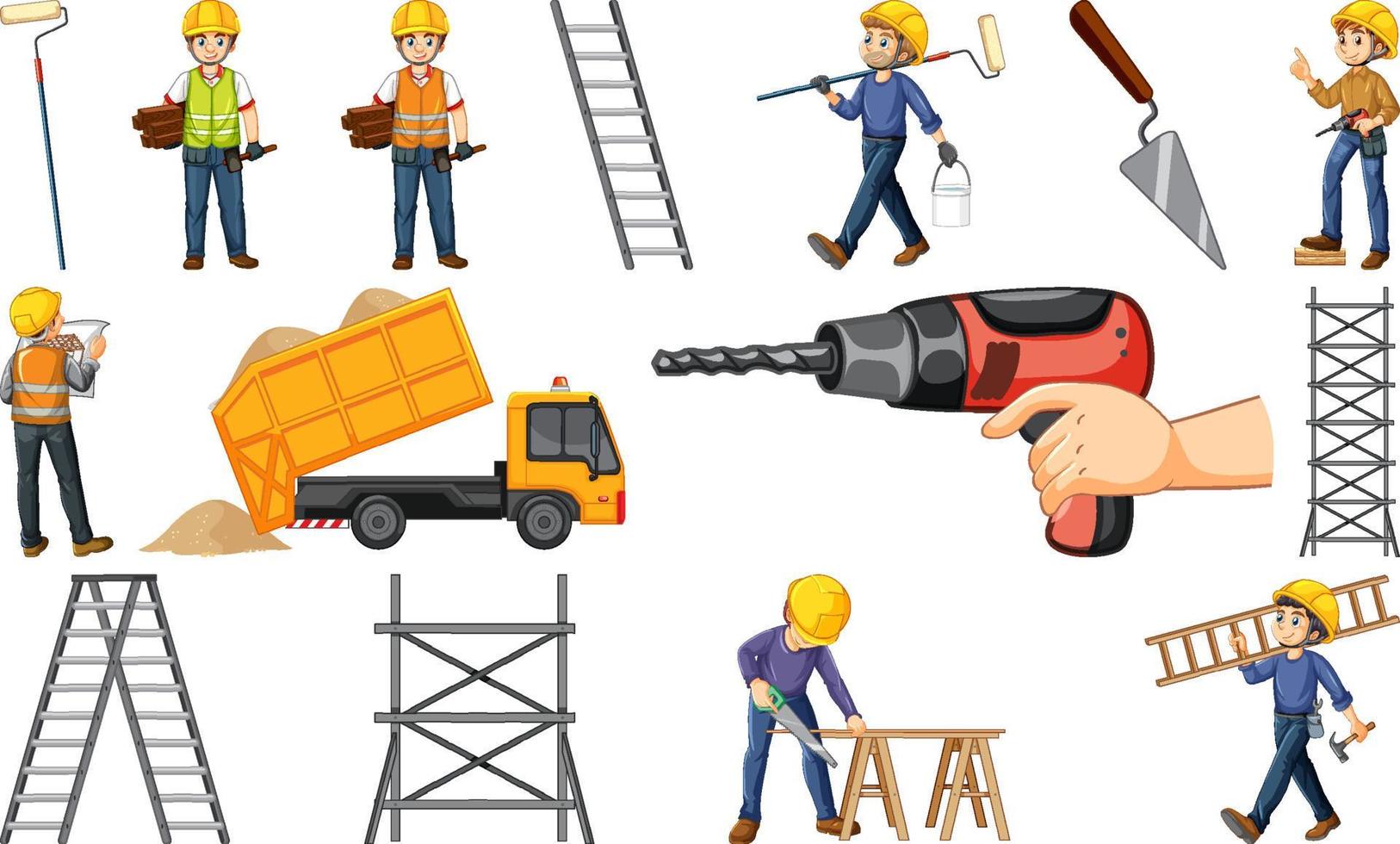 Construction worker set with man and tools vector