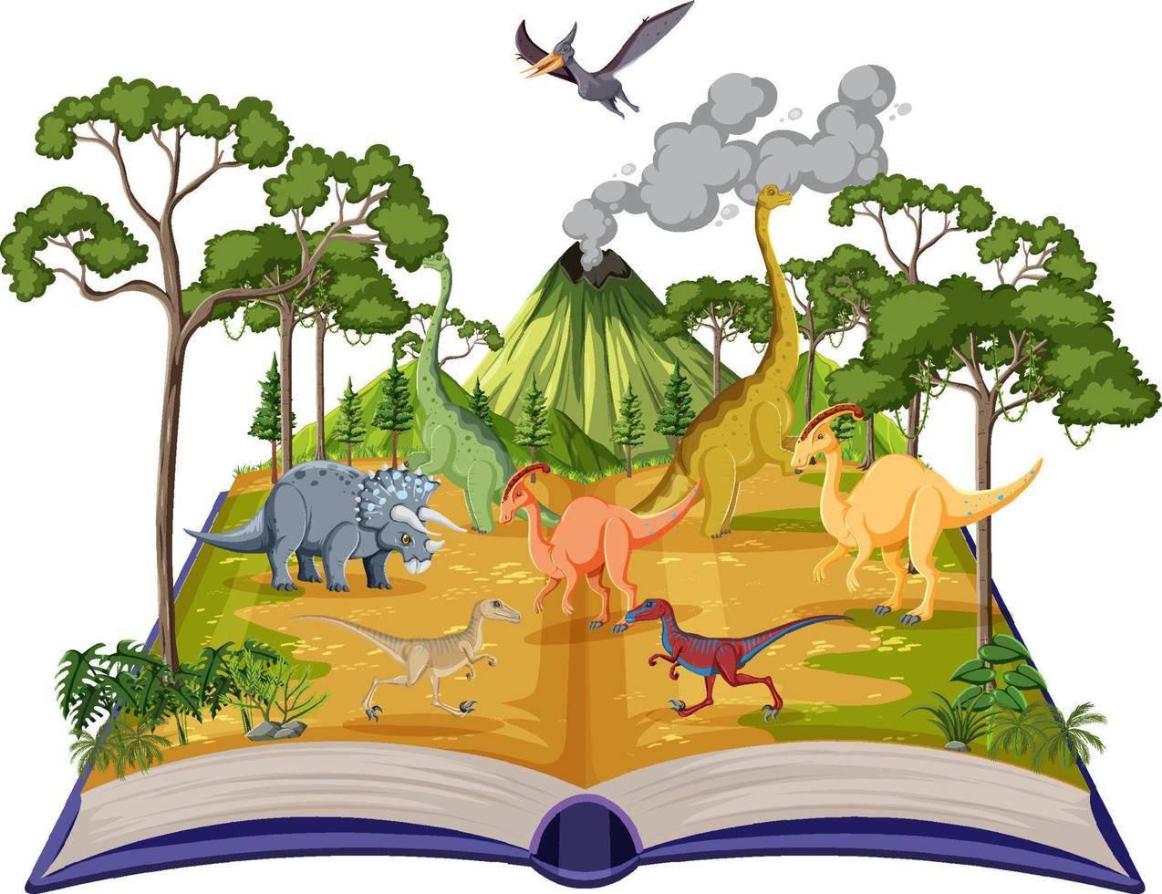 libro con escena de dinosaurios en el bosque vector