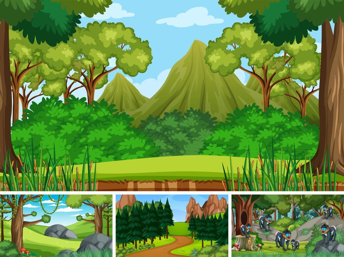 Scenes with trees and animals in forest vector