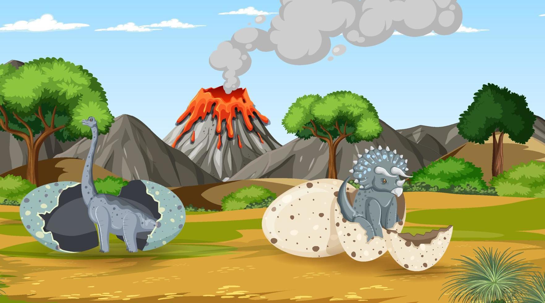 bosque prehistórico con dibujos animados de dinosaurios vector