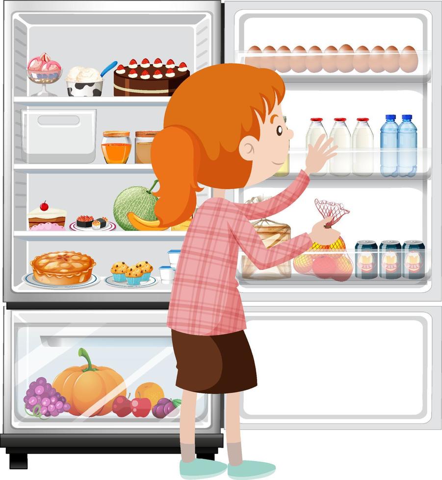 Woman and refrigerator with lots of food. vector