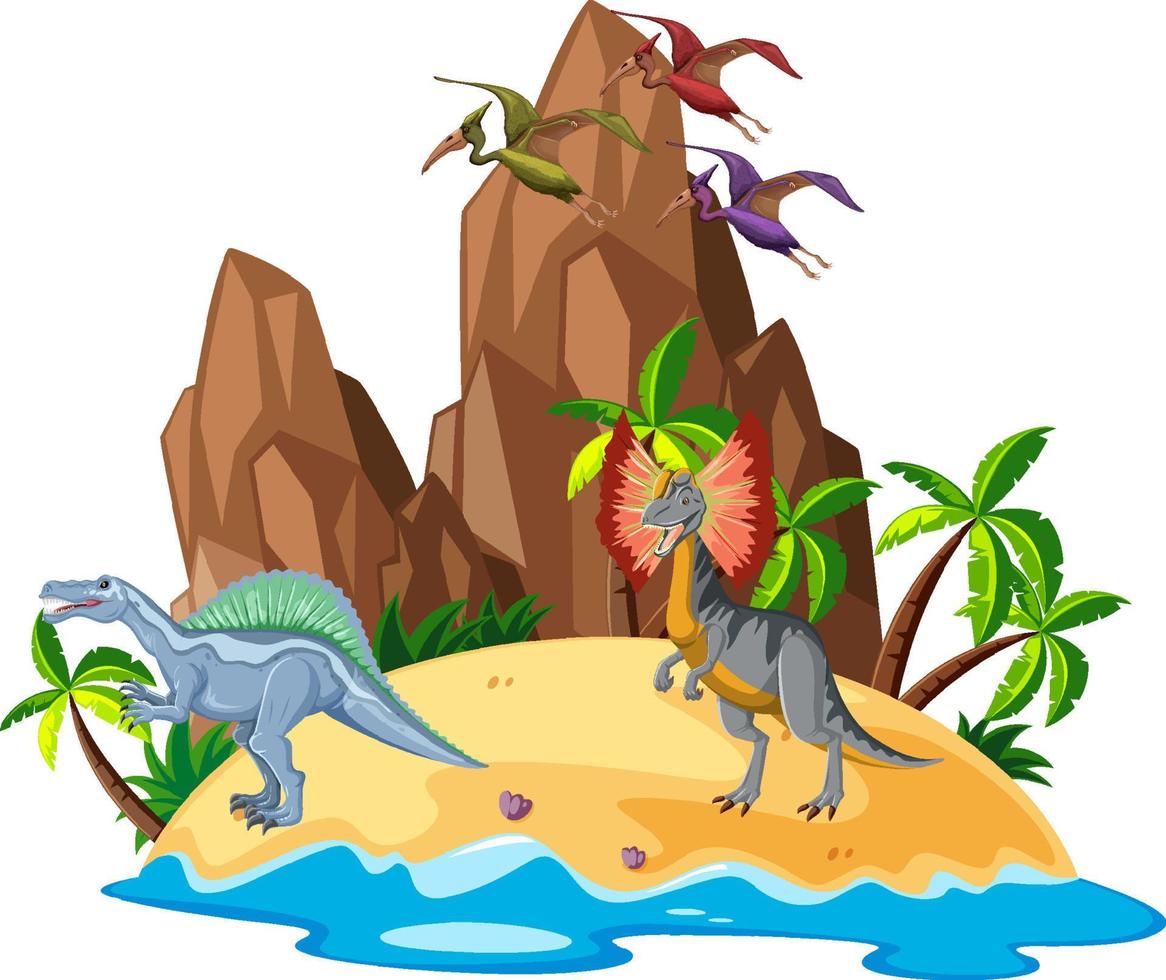 Scene with dinosaurs on island vector
