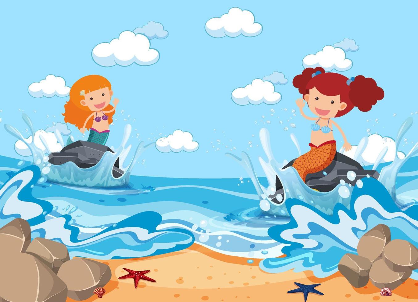 A water splash scene with mermaid on a stone vector